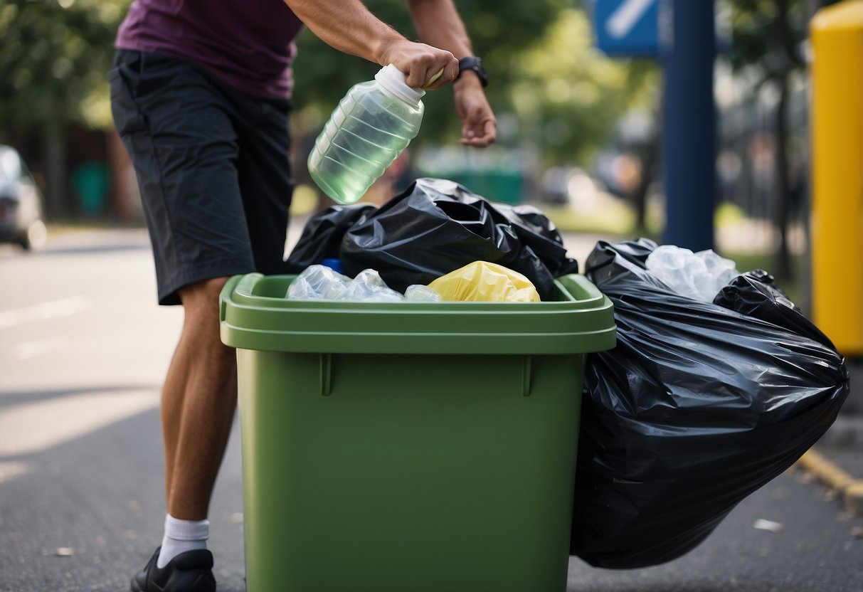 A cyclist tossing a plastic bottle into a designated waste bin, surrounded by other waste management tips