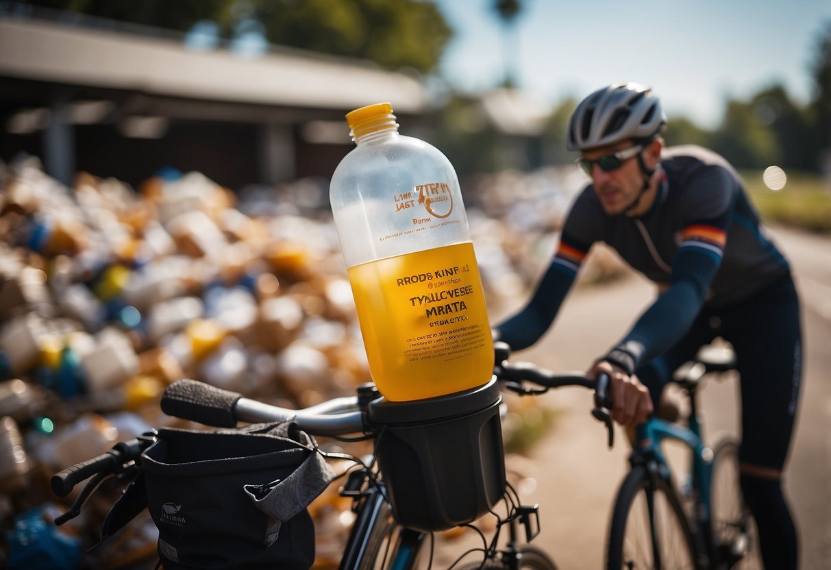 A cyclist throws a plastic bottle into a recycling bin while riding past a sign that reads "Limit Single-Use Plastics: 7 Tips for Managing Waste While Riding."