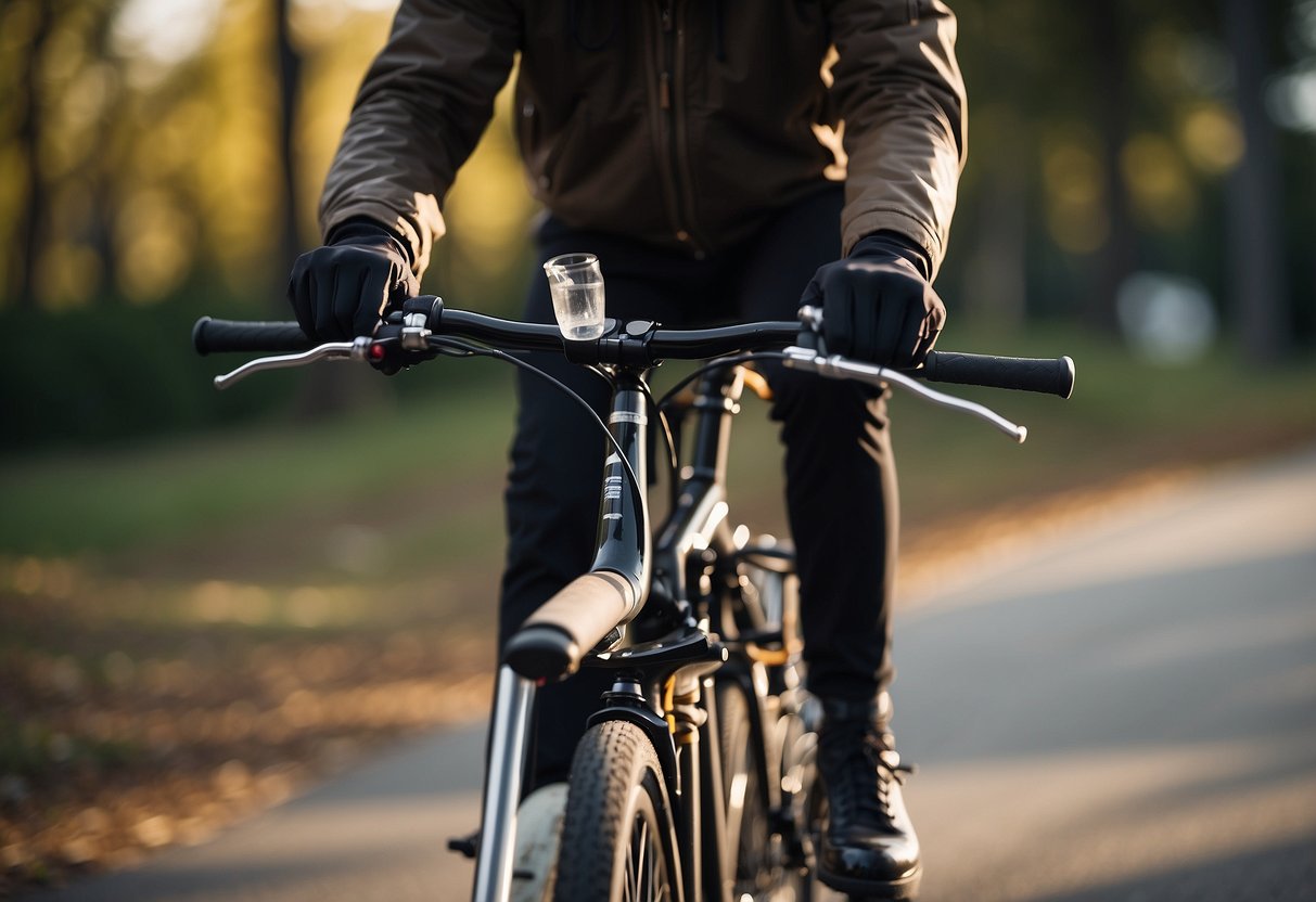 A person riding a bicycle with a portable ashtray attached to the handlebars, surrounded by a clean and litter-free environment