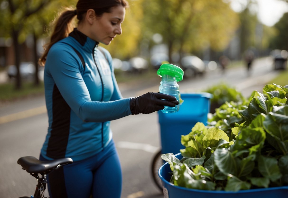 A cyclist tosses a plastic bottle into a recycling bin. Nearby, a composting station collects food scraps. A sign displays 7 tips for waste management while riding