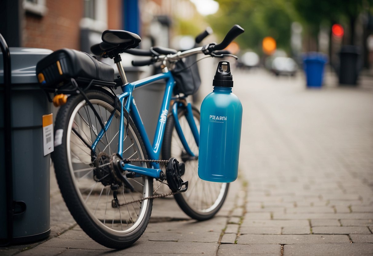 A bicycle parked next to recycling bins, with a reusable water bottle and a small bag for collecting trash attached to the bike frame