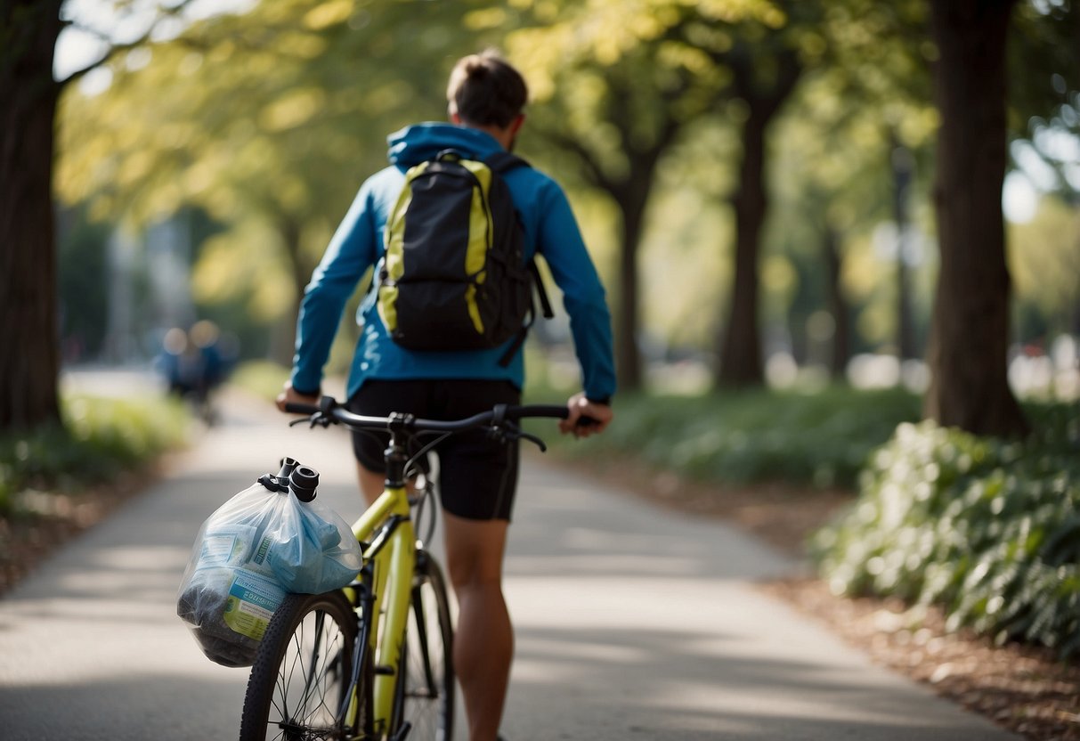 A cyclist using a smartphone app to locate nearby waste disposal sites, while carrying a reusable water bottle and separating recyclables in a backpack