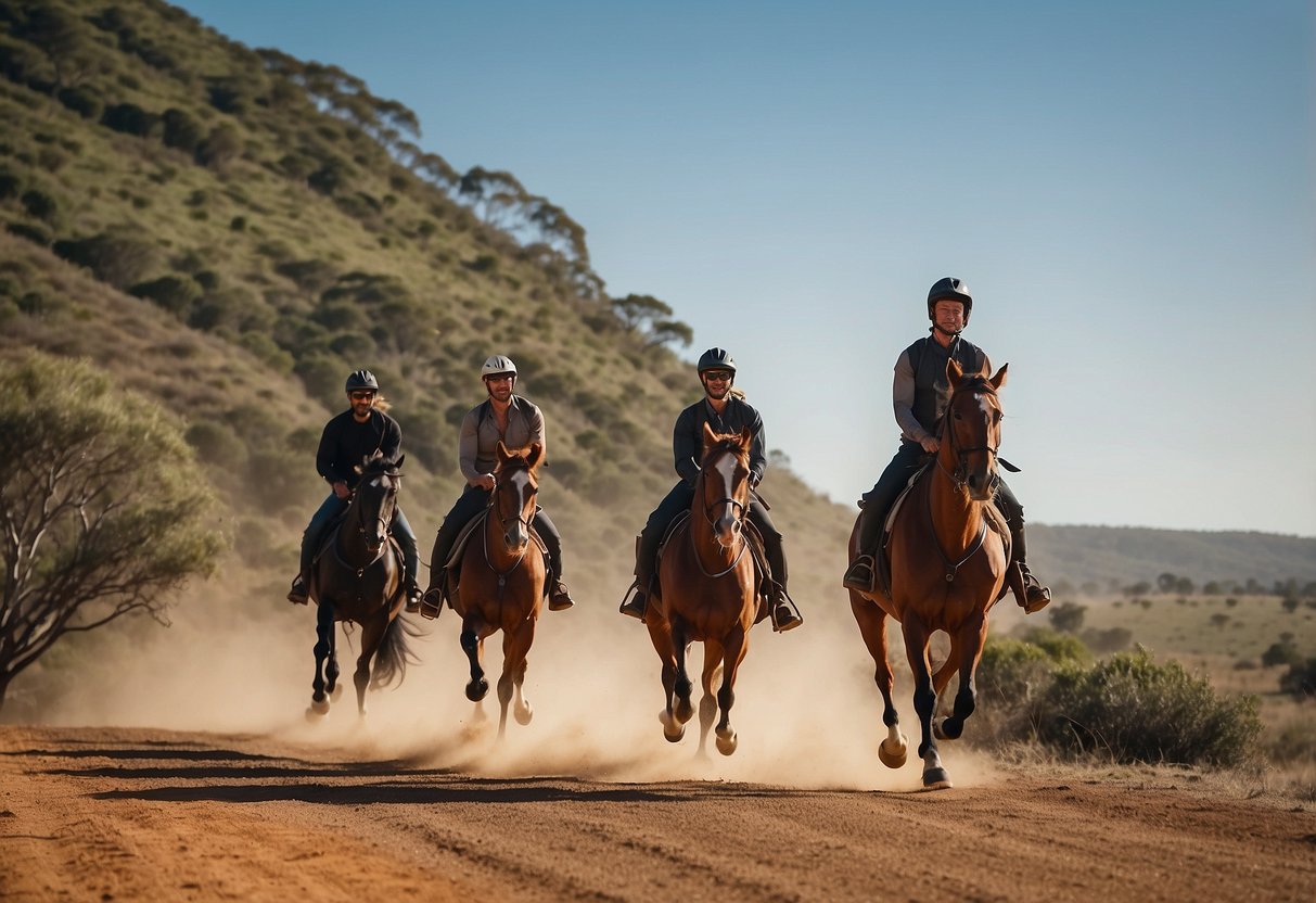 Riders galloping through the vast Australian outback, with rolling hills and eucalyptus trees in the distance. A beautiful beach ride along the coastline, with the sound of crashing waves and the feeling of freedom