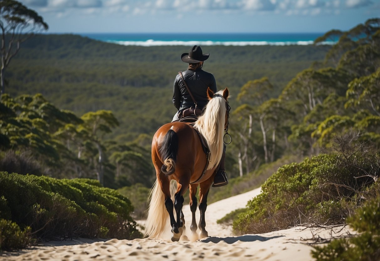 A horseback rider explores Fraser Island, Queensland's sandy beaches and lush forests, with the ocean stretching out in the distance