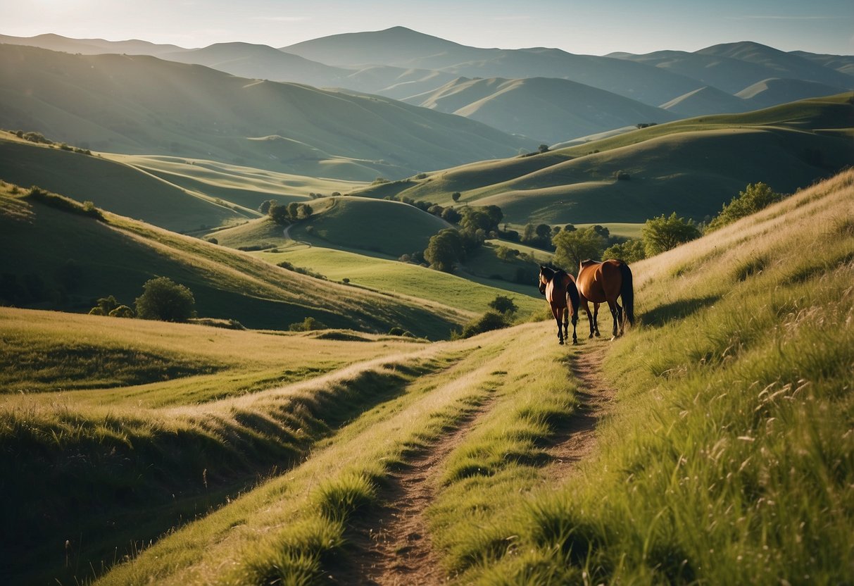 A serene landscape with rolling hills, lush greenery, and clear blue skies. A winding trail leads through the picturesque scenery, with horses peacefully grazing in the distance