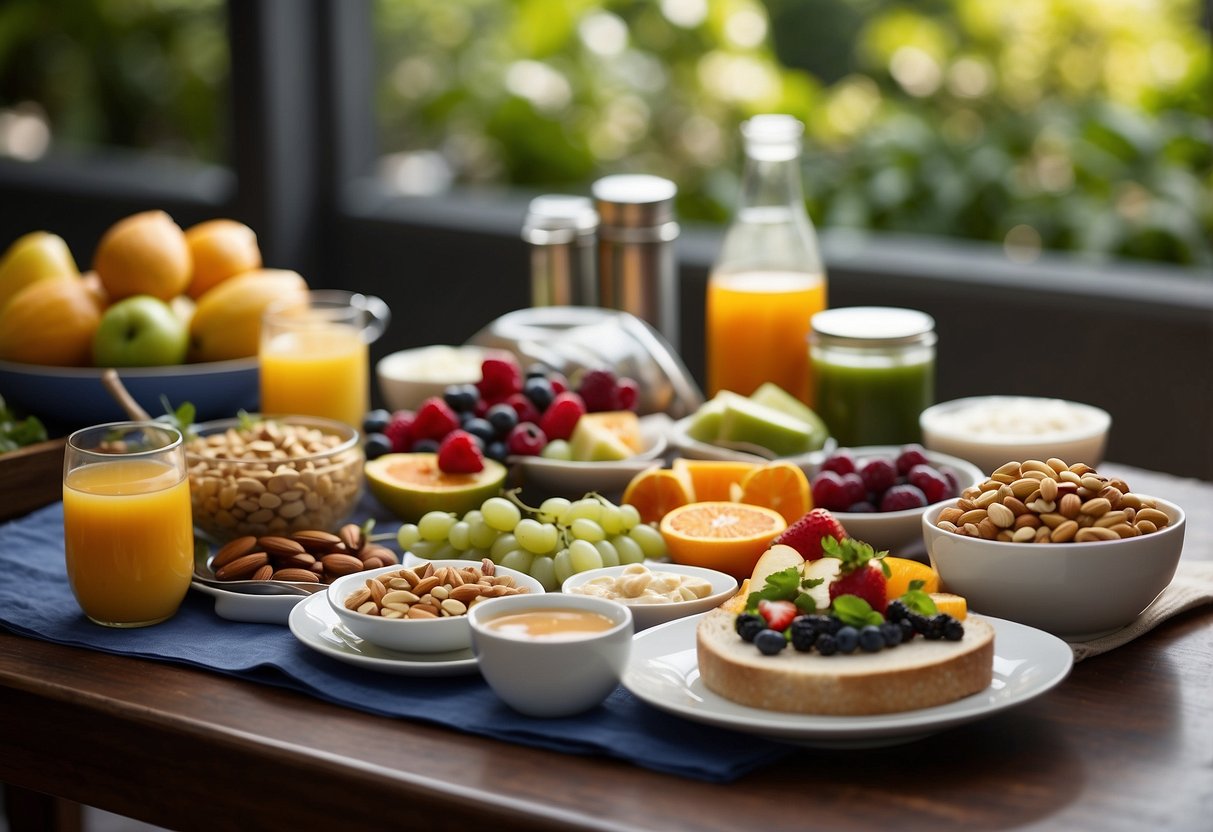 A table set with various healthy, easy-to-pack meals. Ingredients like fruits, nuts, and sandwiches are neatly arranged alongside water bottles and energy bars