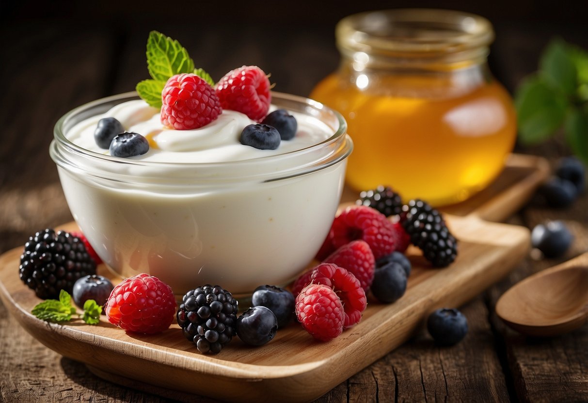 A bowl of Greek yogurt topped with honey and mixed berries sits on a rustic wooden table, surrounded by a scattering of fresh fruit and a lightweight, portable container