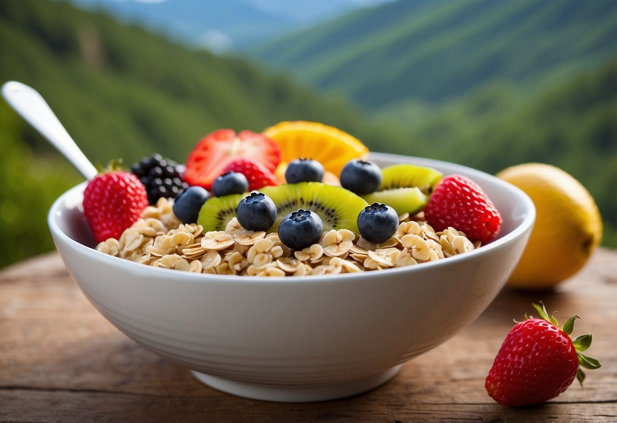 A bowl of oatmeal topped with colorful fresh fruit, surrounded by a backdrop of outdoor scenery, such as a mountain range or a forest trail