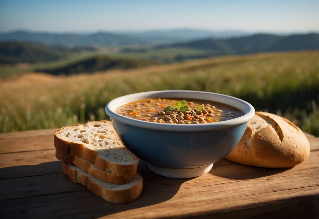 A steaming bowl of lentil soup sits on a rustic wooden table, surrounded by a loaf of crusty bread and a canteen. The scene is set against a backdrop of rolling hills and a clear blue sky