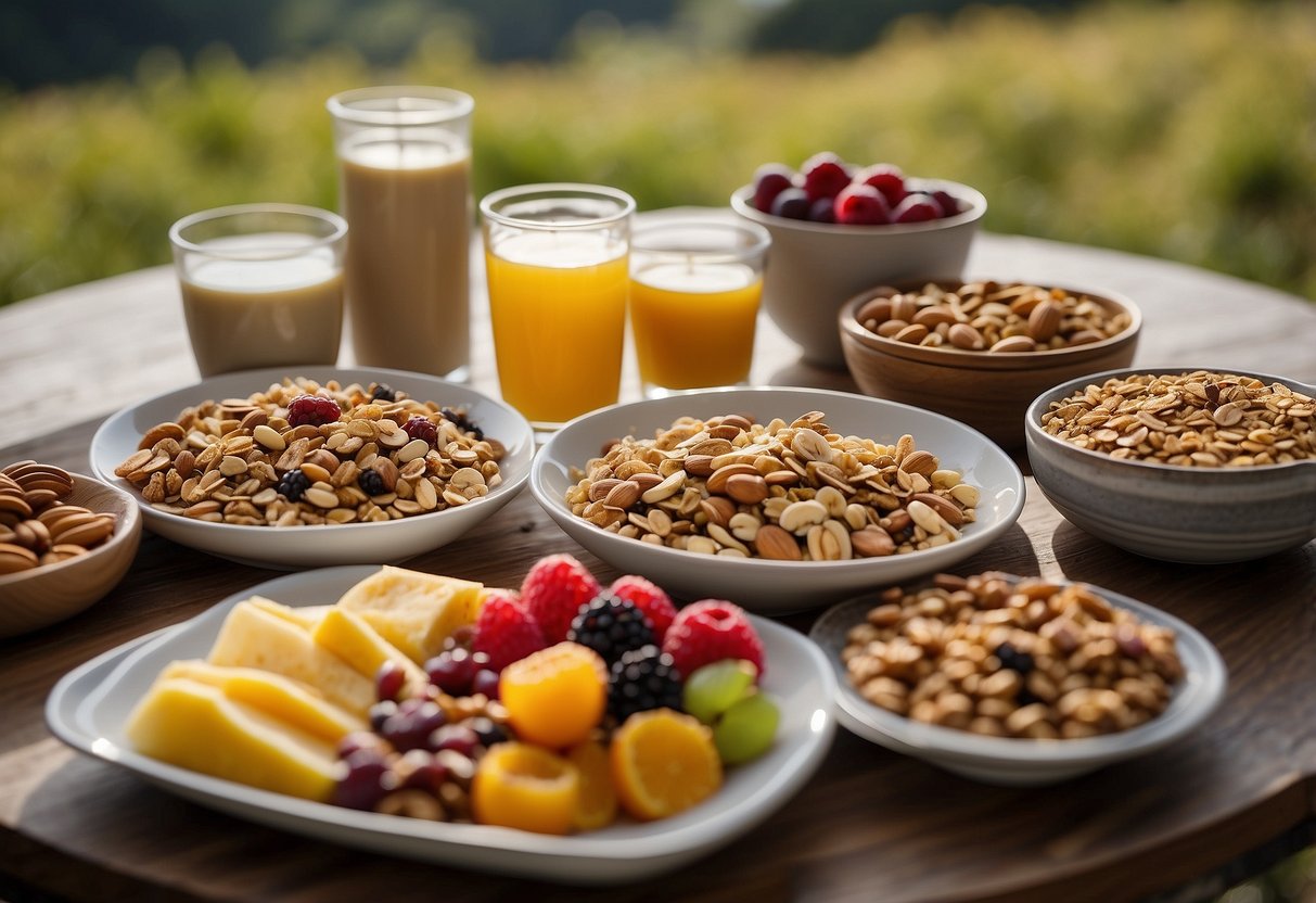 A table set with a variety of lightweight and nutritious meal options, including fruits, nuts, granola bars, and trail mix, ready for a riding trip