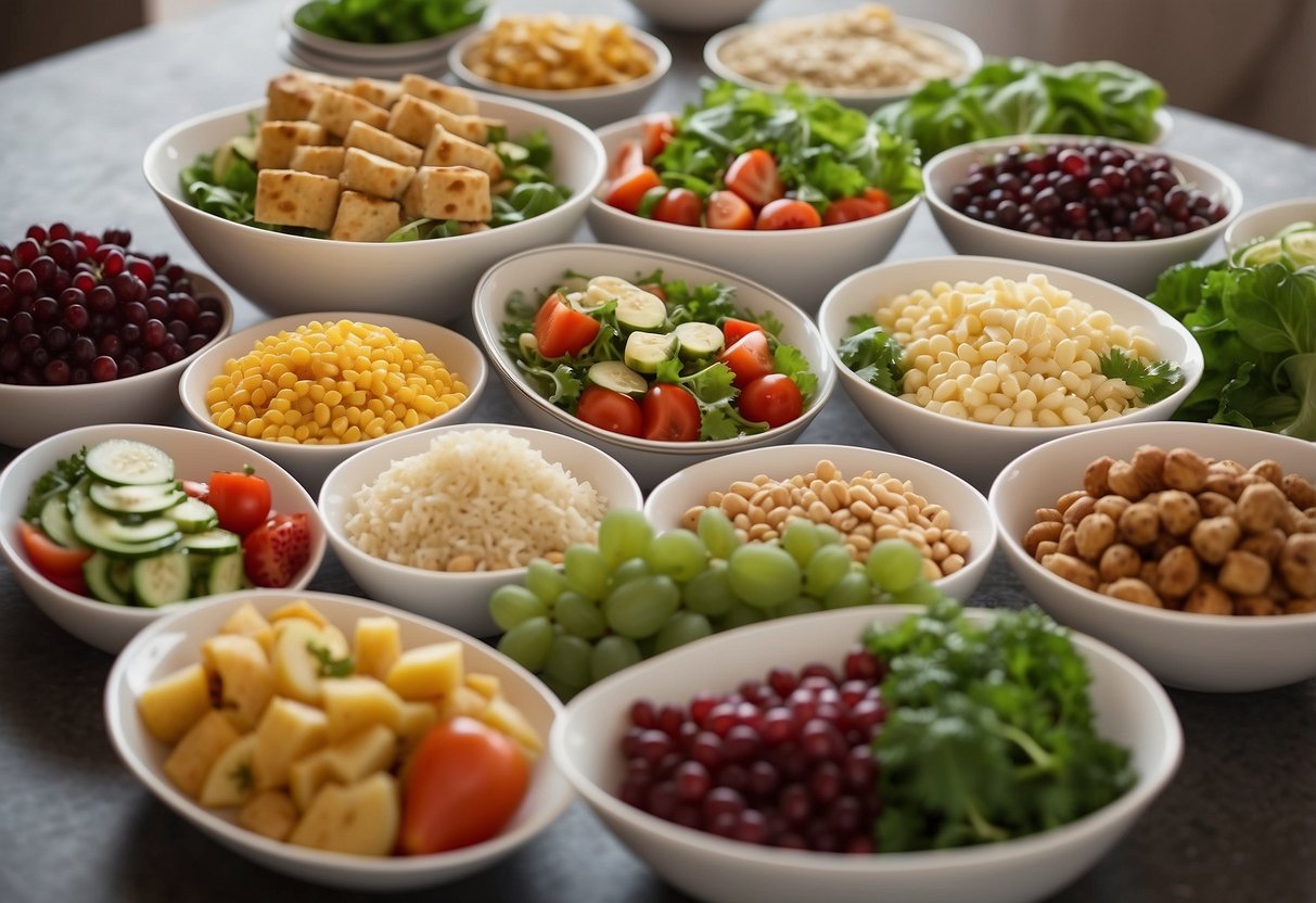 A table set with 10 different lightweight and nutritious meals, including salads, wraps, and fruit bowls, with clear labels indicating their nutritional content