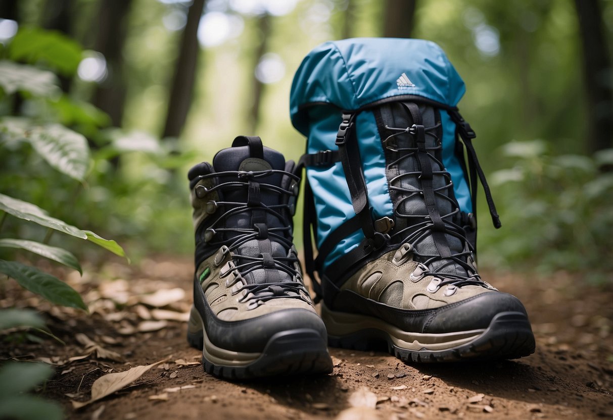 Hiking boots on a dirt trail, surrounded by lush green trees and a clear blue sky. A water bottle and healthy snacks are tucked into a backpack