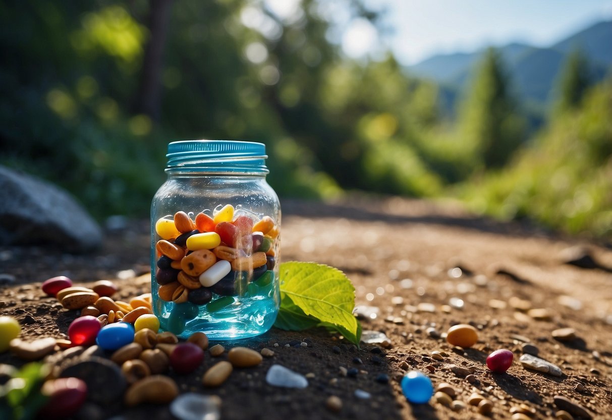 A colorful, vibrant trail with scattered trail mix and water bottles, surrounded by lush greenery and a clear blue sky