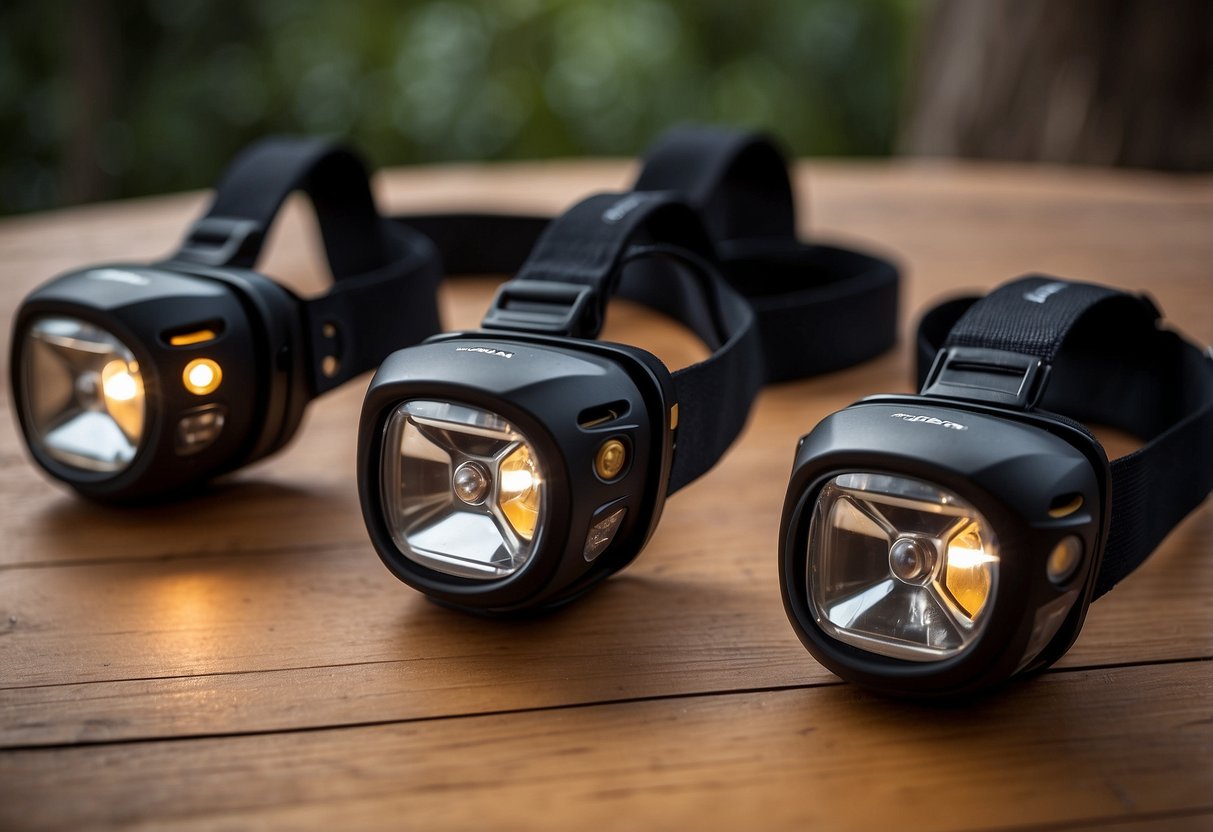 Five headlamps on a table, each with adjustable straps and compact design. Bright LED lights and battery compartments visible. Outdoor riding gear in background