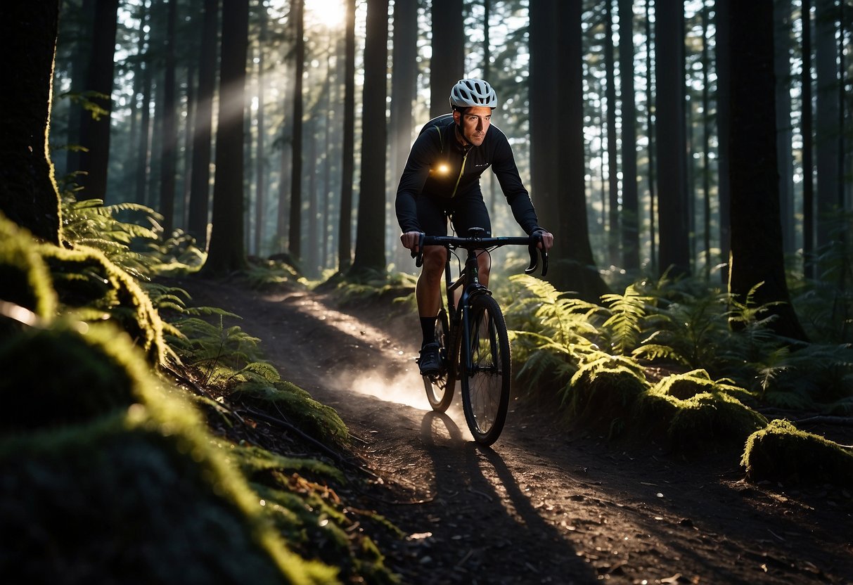 A cyclist rides through a dark forest with the Petzl Actik Core headlamp illuminating the path ahead. The lightweight lamp provides a bright, focused beam, casting shadows on the surrounding trees