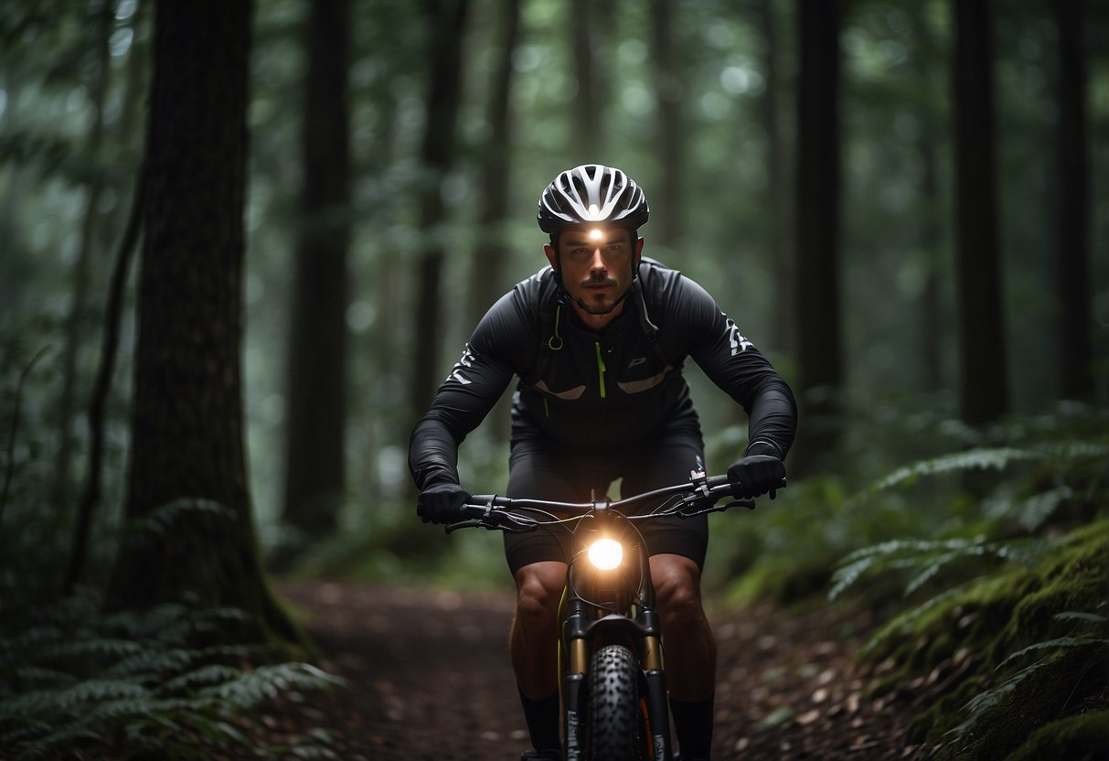 A rider wearing a lightweight headlamp, illuminating a dark trail as they navigate through the woods on their bike