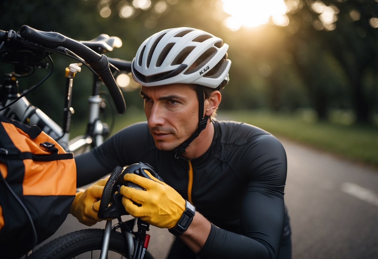 A cyclist adjusting a lightweight headlamp on a bike helmet, with tools and cleaning supplies nearby