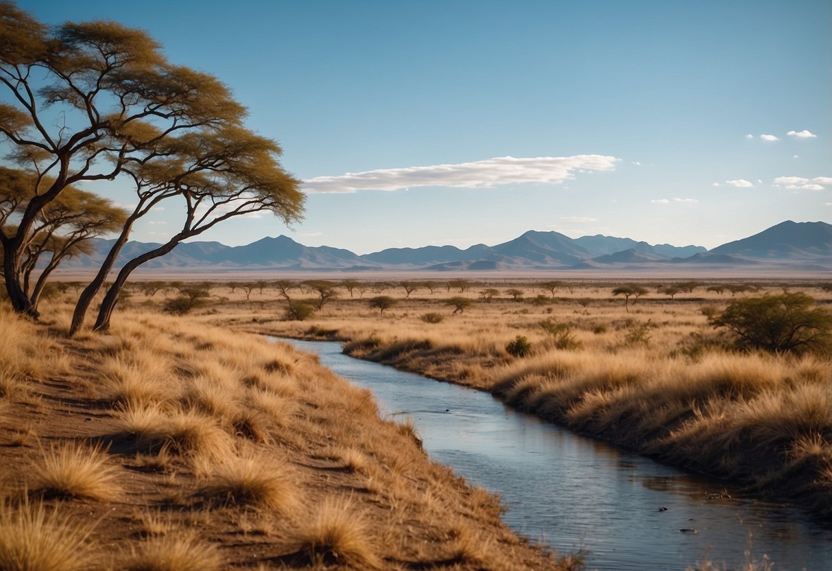 Rolling savannah with scattered acacia trees, winding river, and distant mountains under a vast blue sky