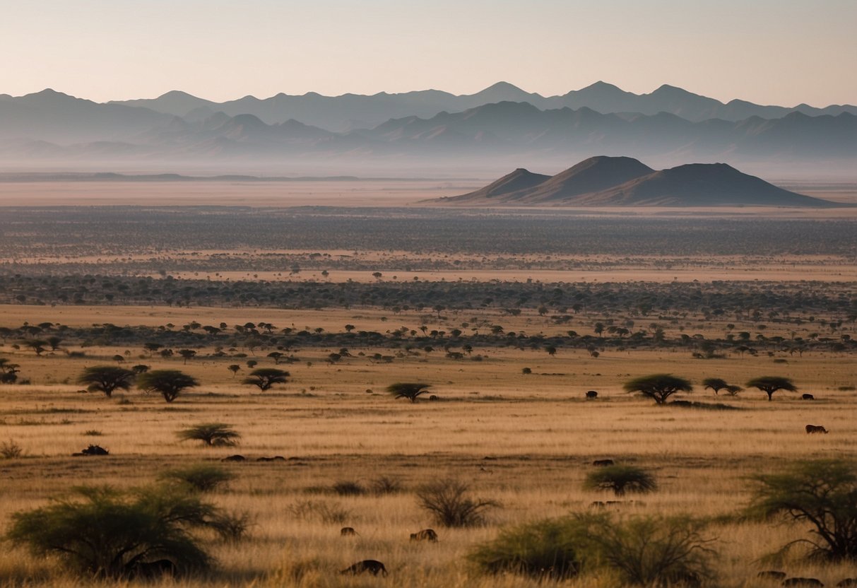 A vast African landscape with diverse terrain, featuring mountains, savannas, and deserts. A variety of wildlife can be seen in the distance, with clear paths for riding