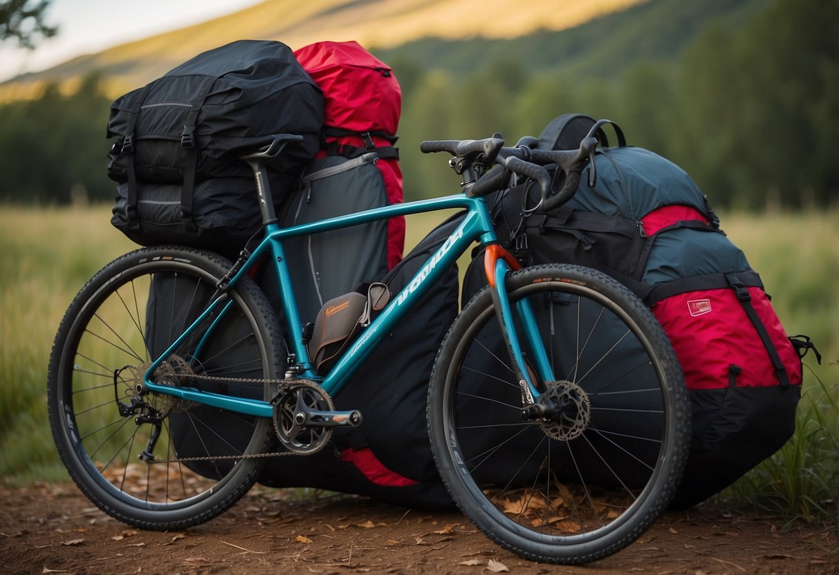 A bicycle loaded with lightweight gear, a compact tent, and minimal supplies. A rider carefully selects lightweight clothing and packs efficiently. The bike is equipped with lightweight accessories and a streamlined, aerodynamic design