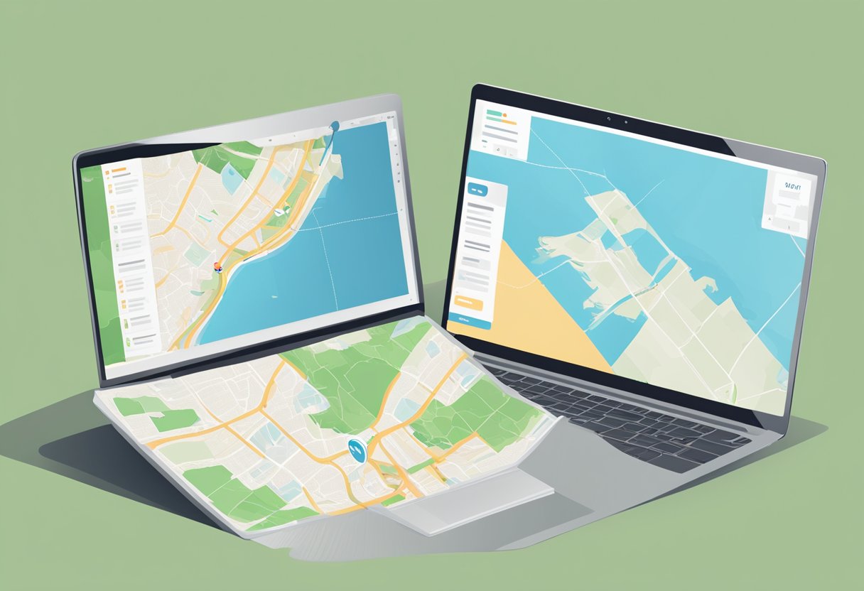 A computer screen split in half, with one side showing a website and the other side showing a map with location markers, representing the comparison between onsite and offsite SEO