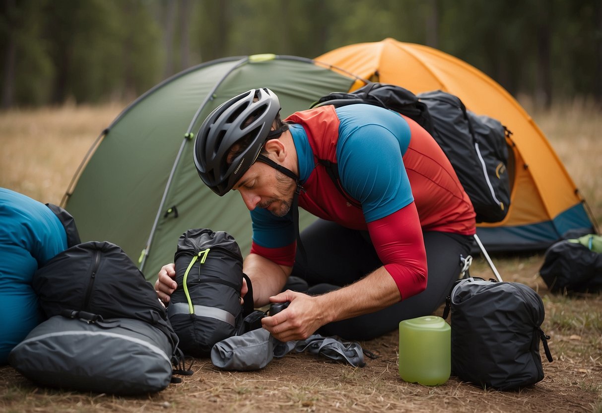 A cyclist carefully selects and packs lightweight gear, including a compact tent and sleeping bag. They prioritize essentials and minimize unnecessary items for a long-distance riding trip