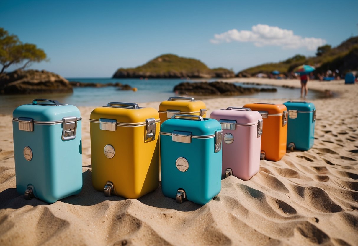 Five riding coolers lined up on a sunny beach, each with a different color and design. The coolers are filled with drinks and snacks, and a group of friends are seen enjoying a fun day out