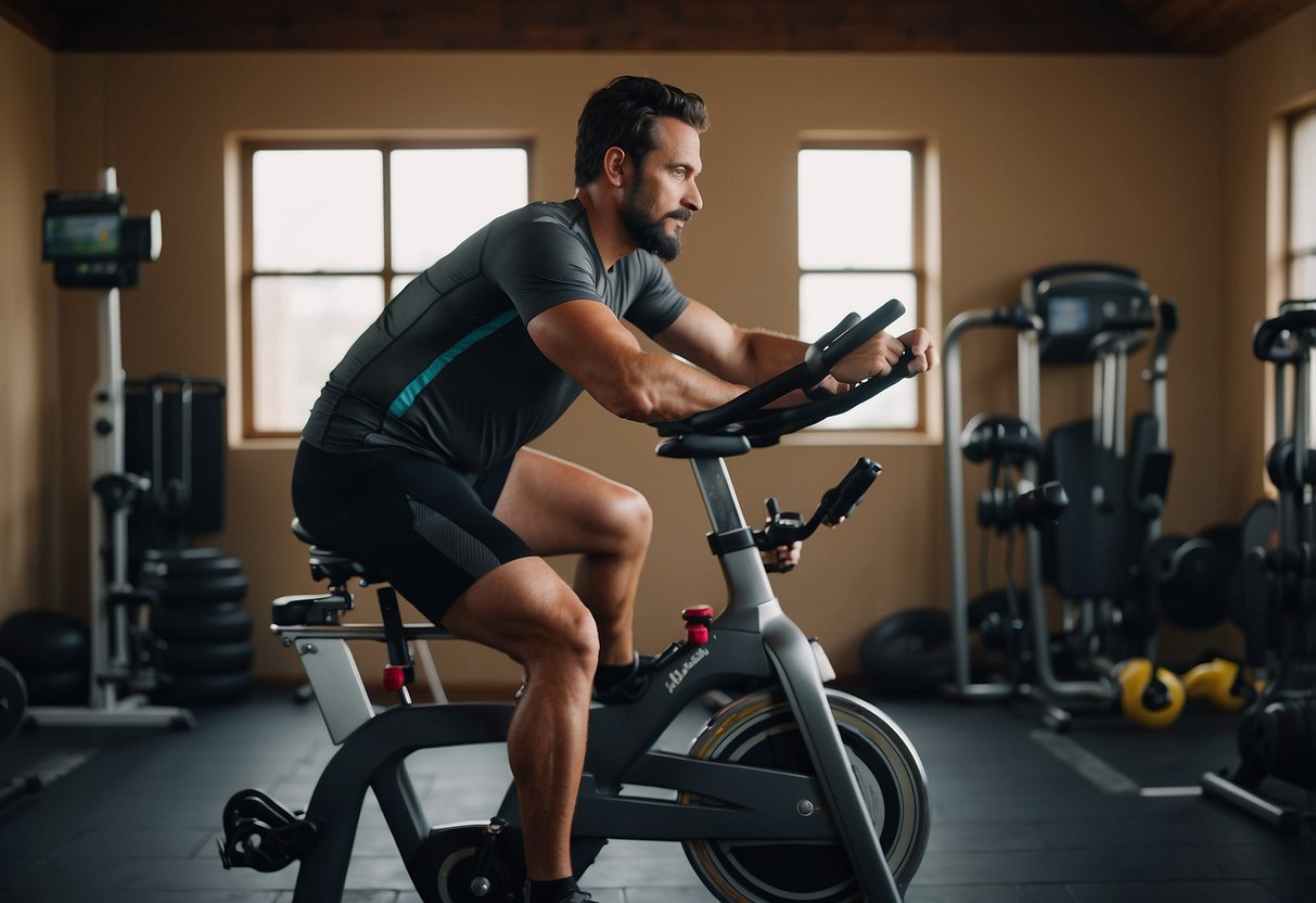 A rider sits on a stationary bike, adjusting the resistance and pedaling with determination. A trainer stands beside, offering guidance and encouragement. Water bottles and towels are nearby, ready for a challenging workout