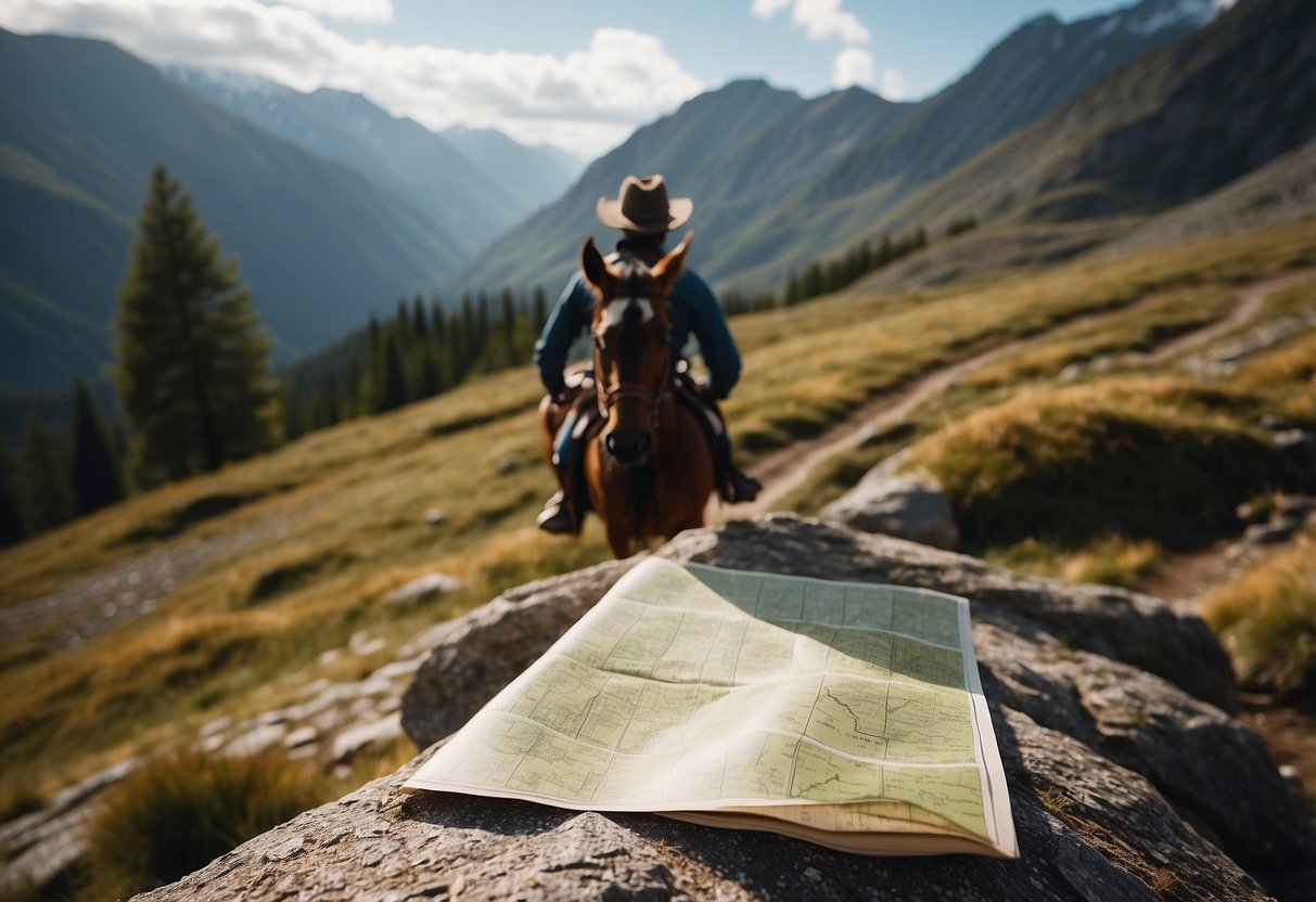 A rider on horseback navigating through a trail with a mountainous backdrop, while following a map and using a compass