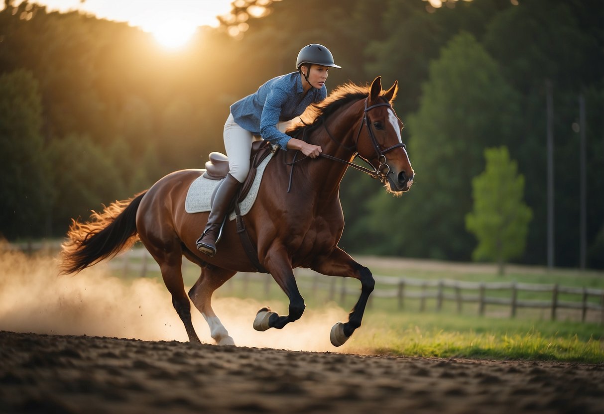 A person riding a horse, engaging their core muscles, with 10 tips listed around them