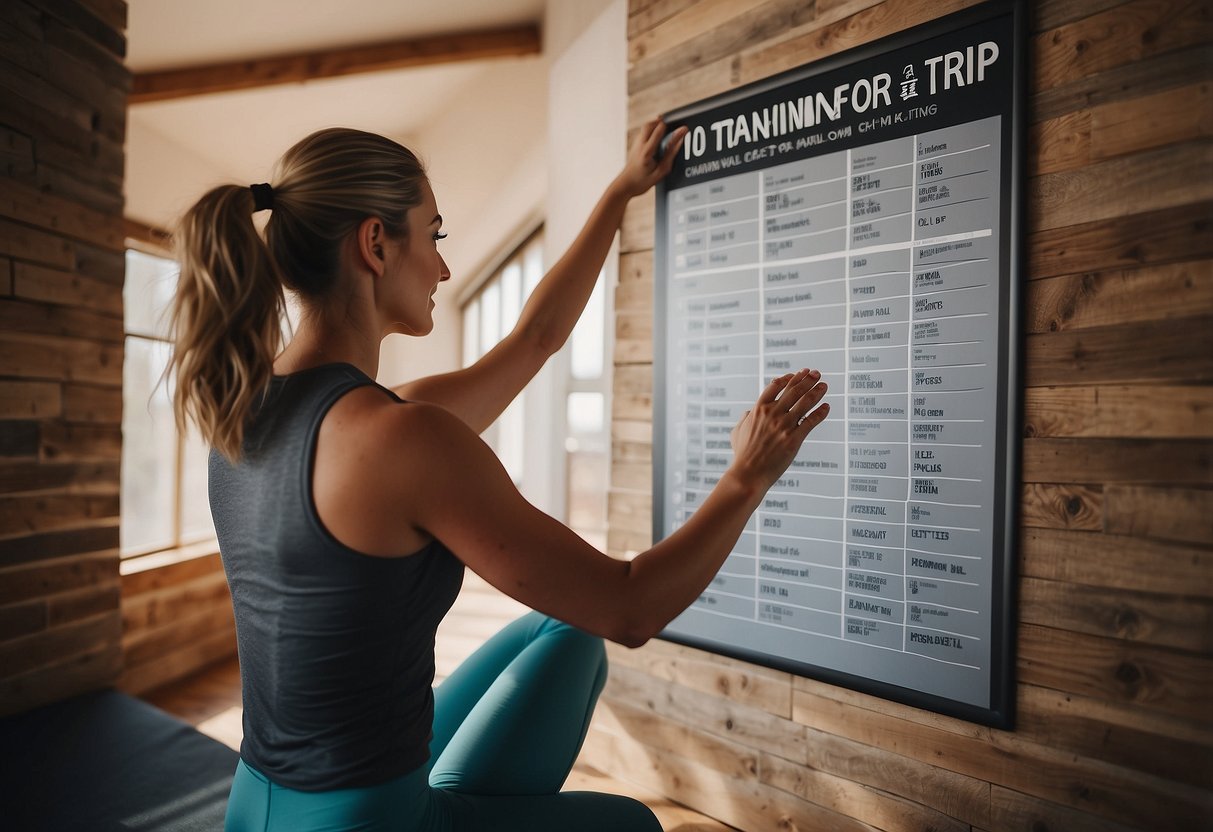 A person stretching on a yoga mat with a checklist of "10 Tips for Training for a Riding Trip" on the wall