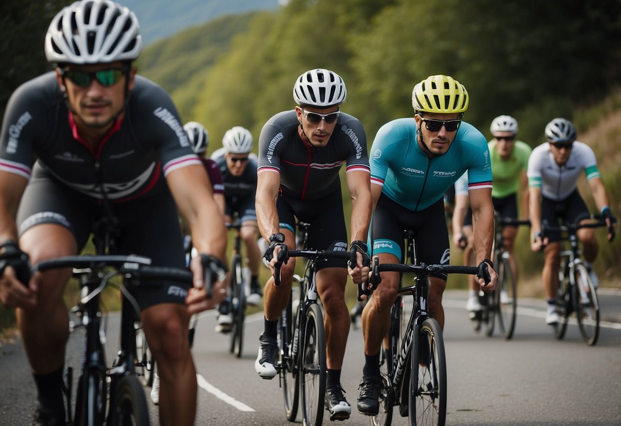 A group of cyclists training together, following 10 tips for a riding trip. They ride in formation, push themselves up hills, and practice bike handling skills