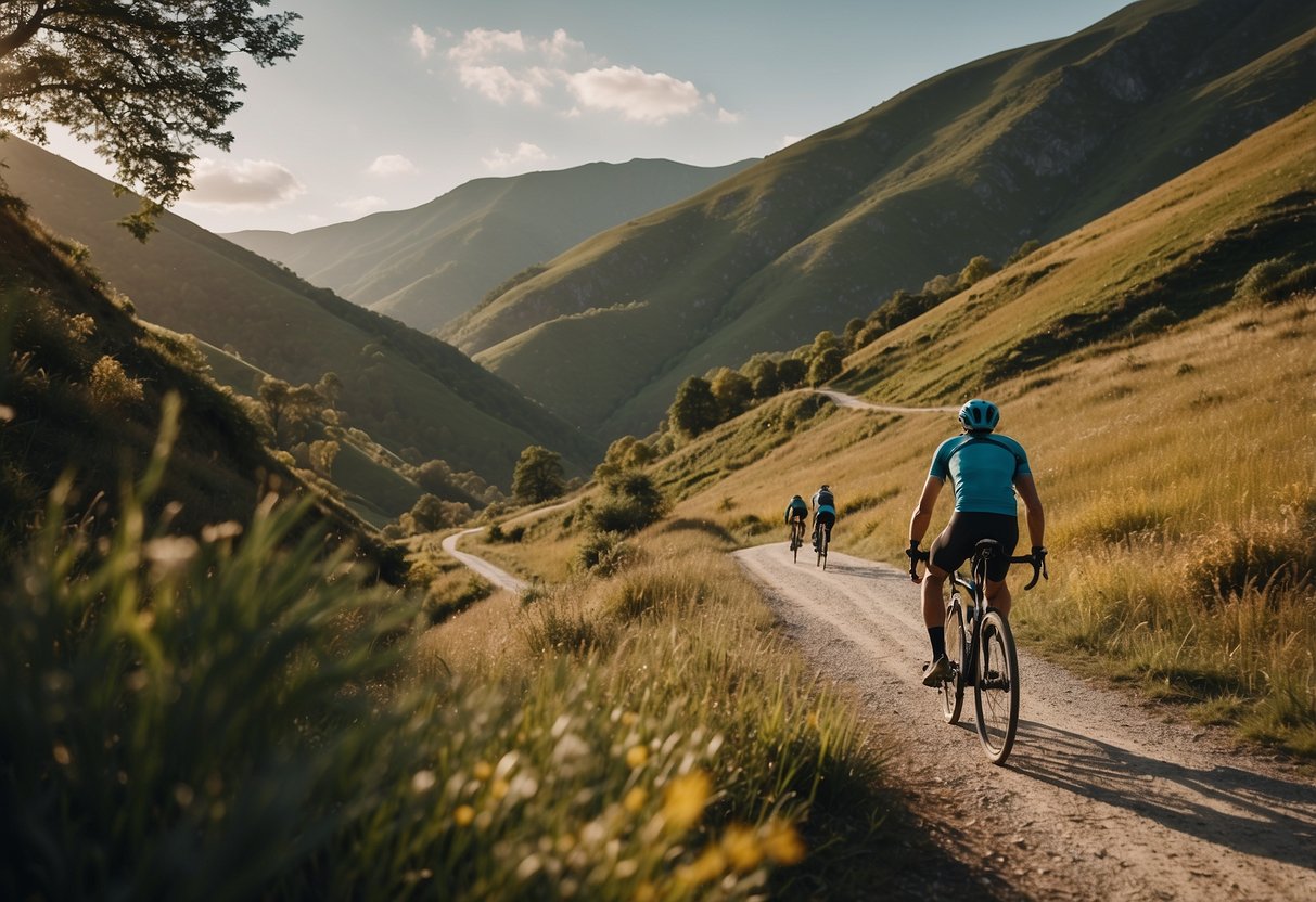 A cyclist riding on a scenic trail, surrounded by diverse landscapes. They navigate through hills, forests, and open fields, showcasing their endurance and versatility in training for a riding trip