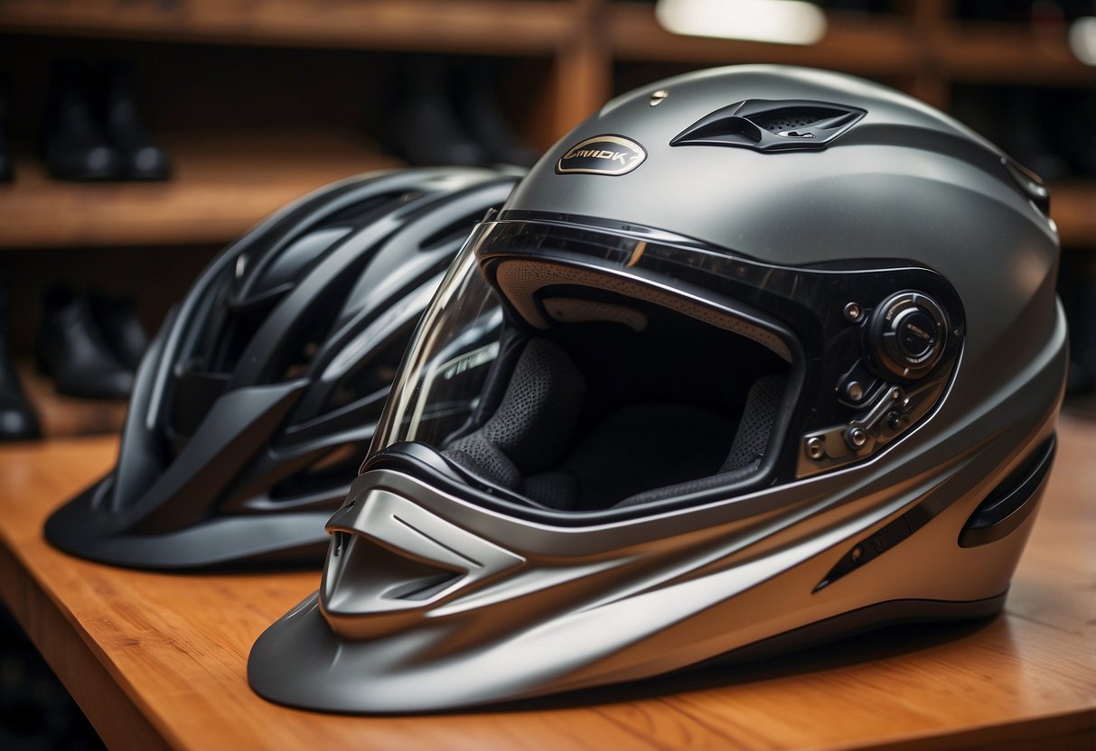 A rider carefully selects top-notch gear for a trip, including a sturdy helmet, durable riding boots, and a reliable saddle. The gear is laid out neatly, ready for training