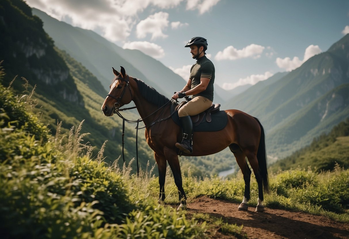 A rider sits on a horse, surrounded by lush greenery. They check their progress on a fitness tracker while following 10 training tips for their upcoming riding trip