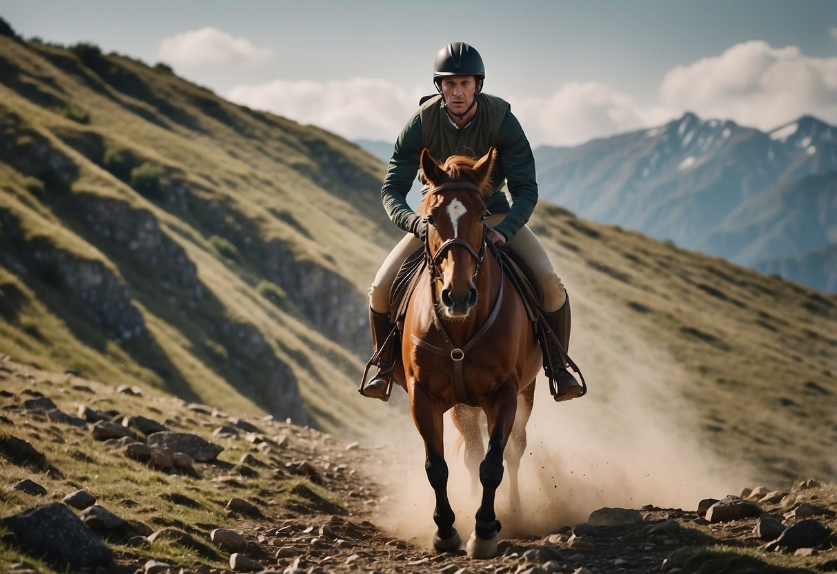 A rider navigates through rugged terrain, facing steep inclines and rocky paths. They carefully maneuver their horse, preparing for the challenges ahead