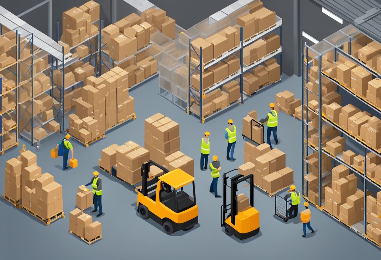 A busy warehouse with shelves stocked with various products, forklifts moving around to transport goods, and workers using handheld devices to manage inventory