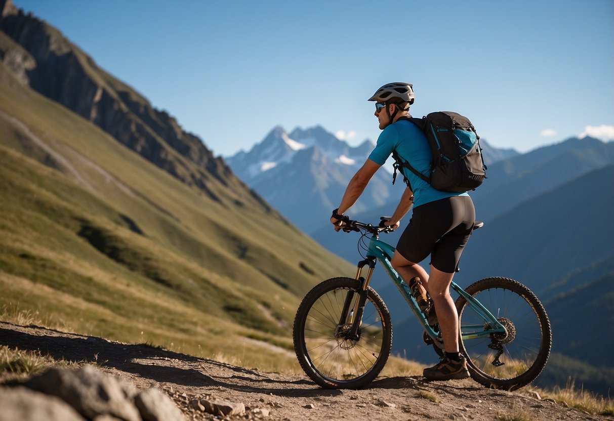 A mountain biker sipping water with a backdrop of high peaks and a clear blue sky. A small bottle or hydration pack is visible