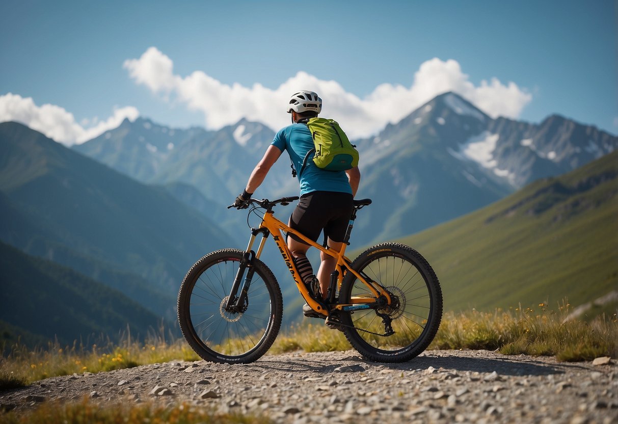 A mountain biker pauses to catch their breath, surrounded by towering peaks and thin air. A water bottle and snack lay nearby, as they acclimatize to the high altitude