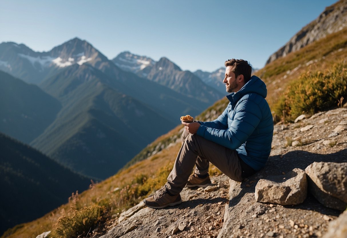 A person sitting on a mountain trail, eating a small, healthy meal. They are surrounded by tall peaks and a clear blue sky