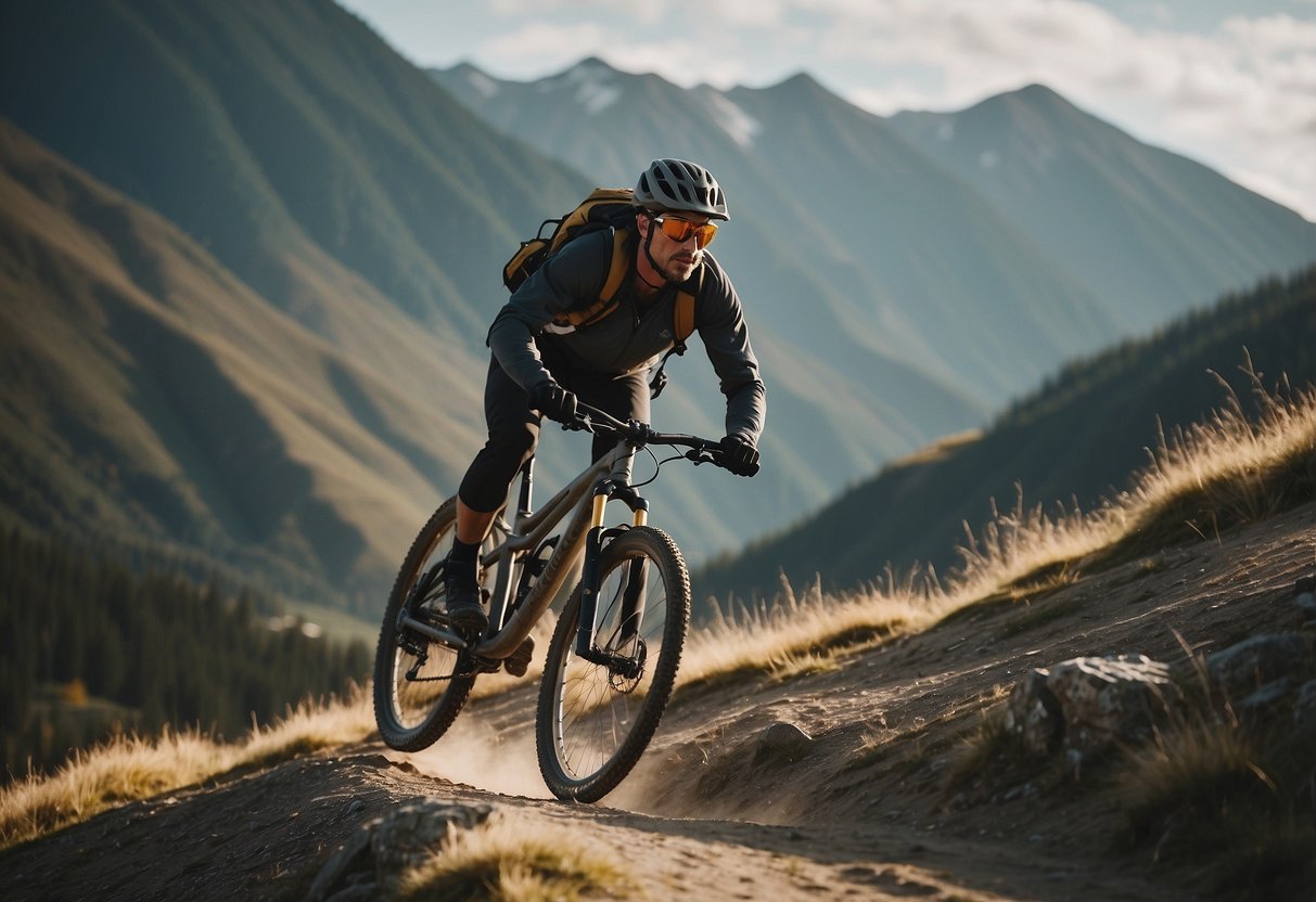 A person riding a mountain bike, surrounded by tall peaks and thin air. They are checking their pulse and breathing deeply, with a look of determination on their face