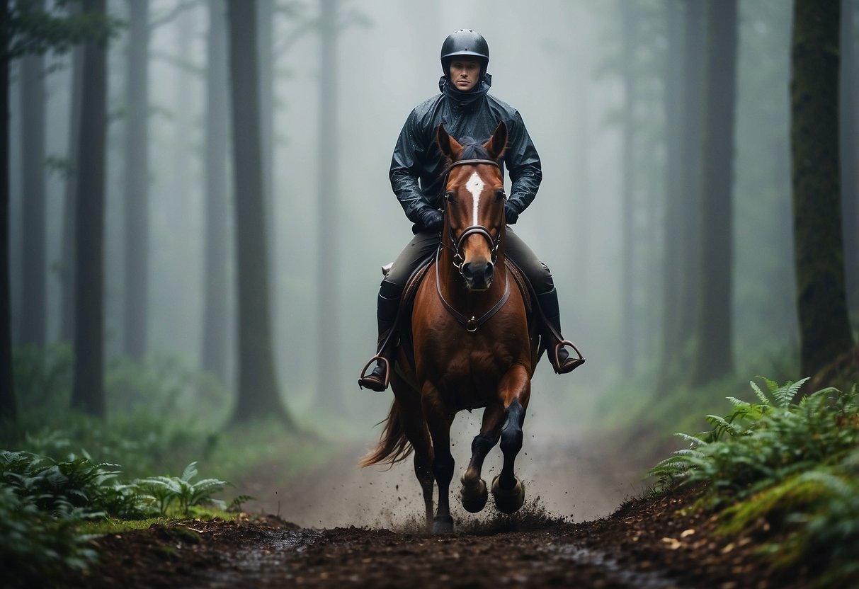 A horseback rider in lightweight rain gear, riding through a misty forest, with a sleek and waterproof jacket, pants, and boots