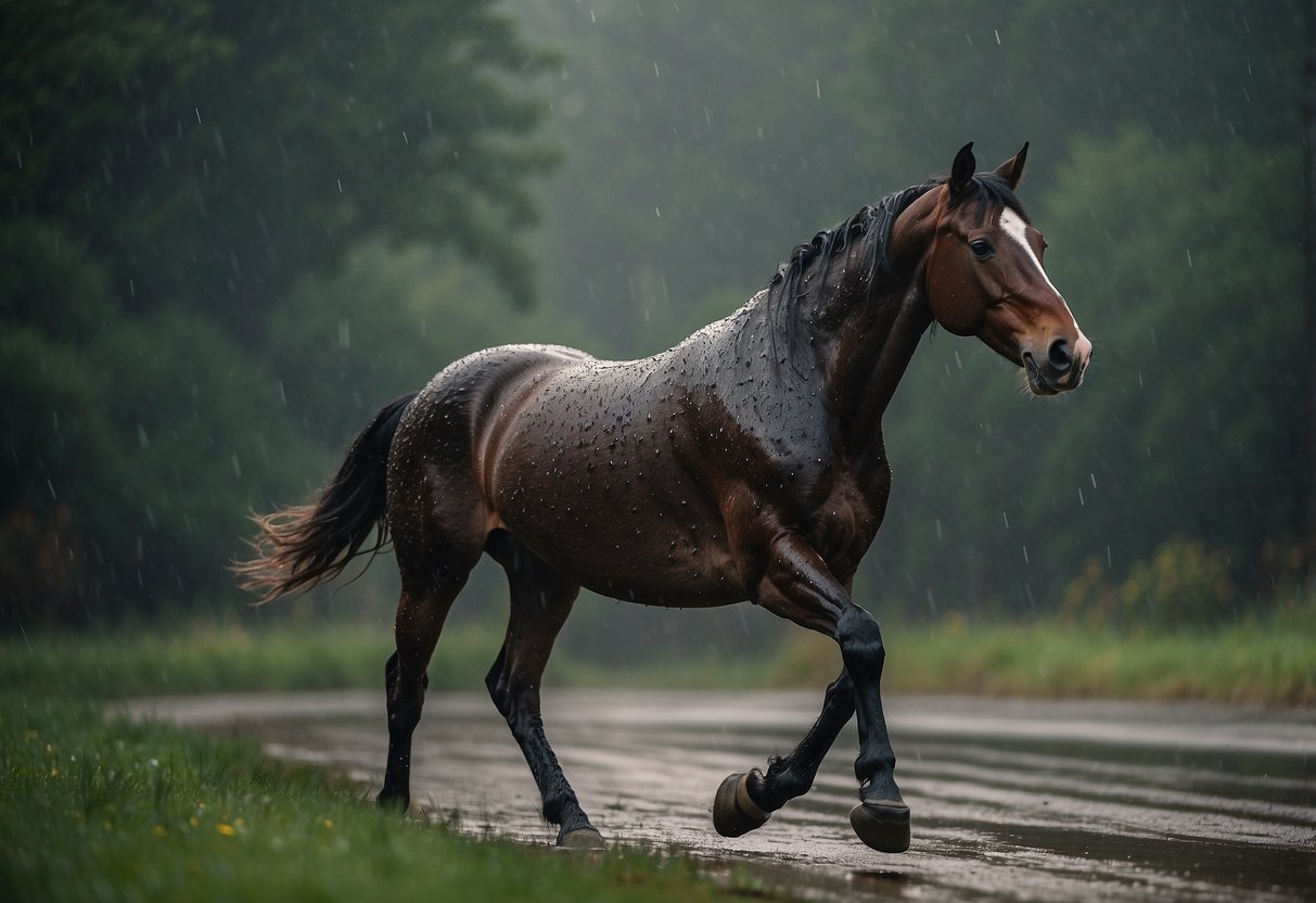 A horse wearing Frogg Toggs Ultra-Lite2 Rain Suit, trotting in the rain