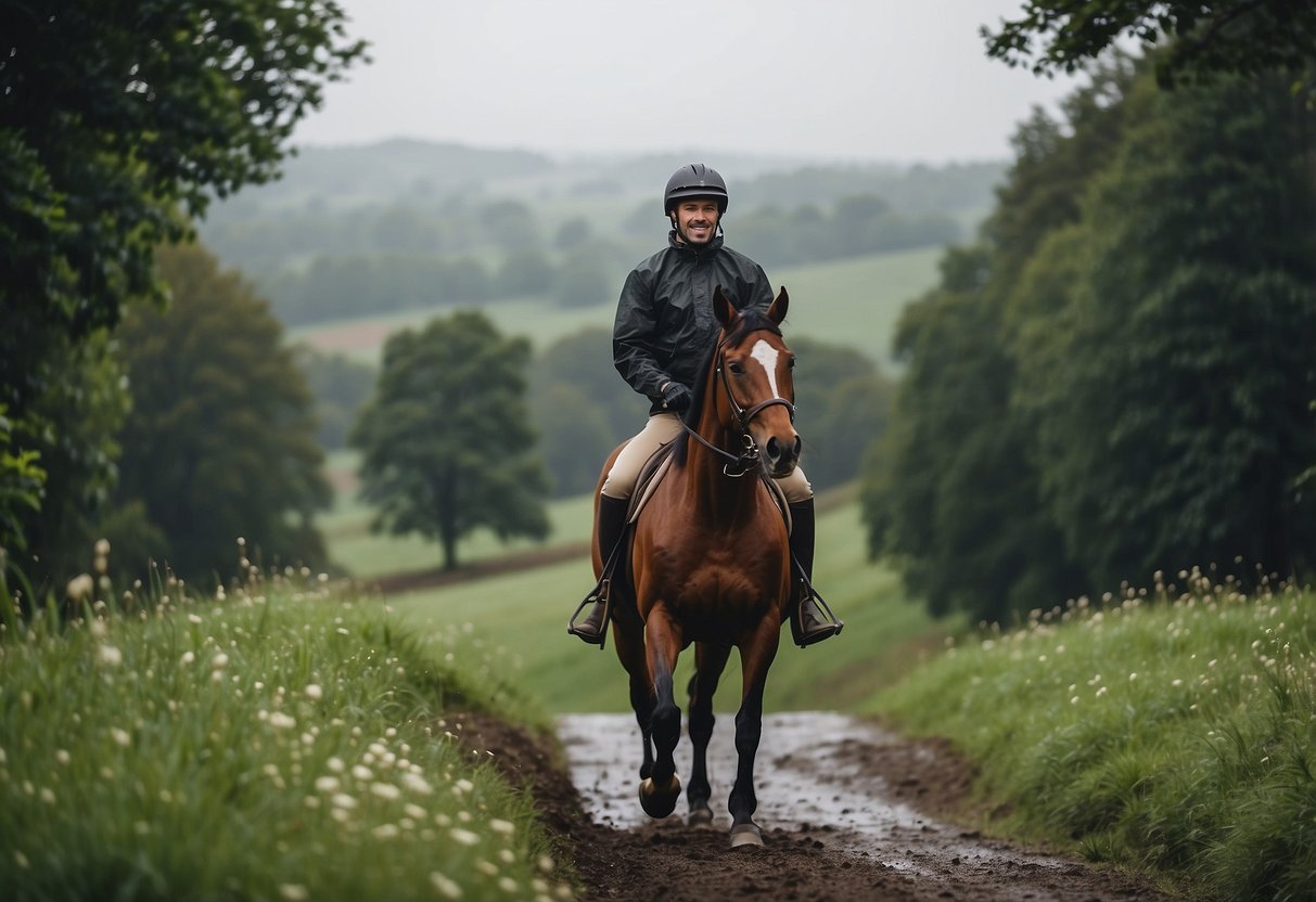 A rider in a Horze Equestrian Rain Jacket on horseback in light rain, surrounded by greenery and a peaceful countryside landscape