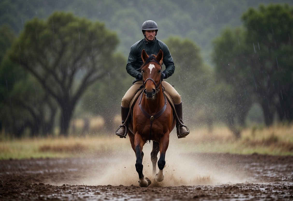 A rider in a packable jacket navigates through a light rainstorm on horseback in the Australian outback