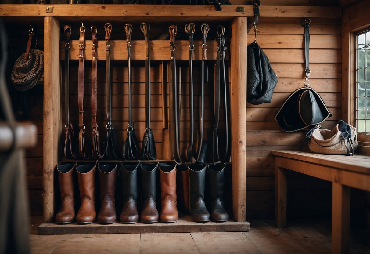 Dublin Syntovia Tall Boots in a stable, with lightweight rain gear hanging nearby. Horse tack and grooming supplies are neatly organized nearby