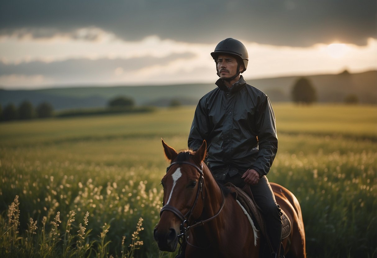 A horseback rider stands in a field, wearing lightweight rain gear. The sun peeks through the clouds as the rider adjusts their gear, preparing for a ride