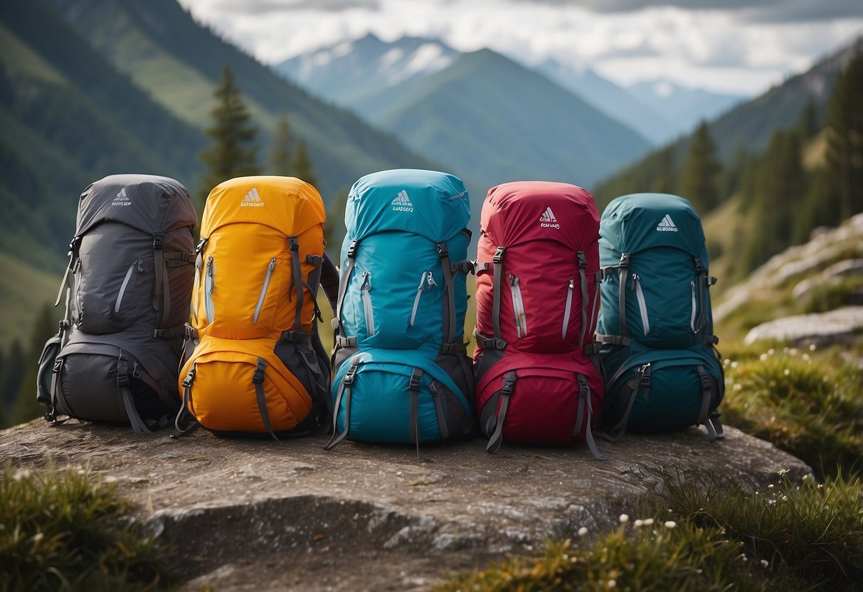 A group of 10 lightweight riding packs arranged in a neat row, with vibrant colors and sleek designs, set against a backdrop of a scenic mountain trail