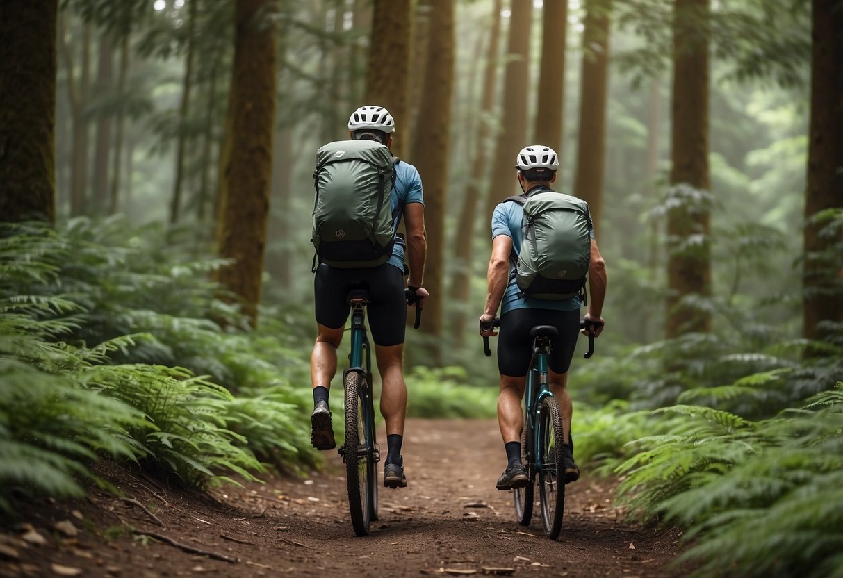 A cyclist rides through a lush forest with the Deuter Speed Lite 20 pack strapped securely to their back, showcasing its lightweight and sleek design