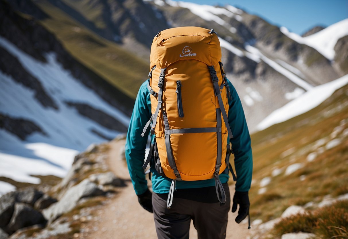 A bright and sunny day on a mountain trail, with the Lowe Alpine Aeon 27 riding pack strapped securely on a hiker's back